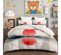 White Single Duvet, 7.5 Tog Coverless Duvet with Red Sun Waves, Soft Cosy Lightweight Comforter Set for Spring Summer, Japanese Style Quilt 135 x 200 cm with 2 Pillowcases, Machine Washable