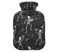 White Skeletons Dancing Black Hot Water Bottles with Soft Cover Hot Water Bag for Foot Bed Warmer Pain Relief