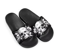 White Skull Butterfly Floral Novelty Slide Sandals for Women, Comfotable Open Toe Non Slip Single Band Slide Sandals