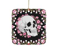 White Skull & Pink Cherry Blossoms Ceramic Christmas Ornament Xmas Tree Hanging Pendant Double Sided Pattern Festive Square Ornament Holiday Home Party Decoration Gifts