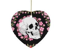White Skull & Pink Cherry Blossoms Ceramic Christmas Ornaments Double Sided Porcelain Hanging Heart Pendant for Xmas Tree, Holiday Home Decor and Gift Party Decorations