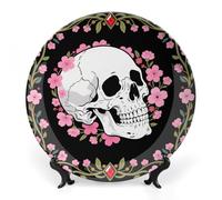 White Skull & Pink Cherry Blossoms Ceramic Decorative Plate Boho Bone China Decorative Plate with Display Stand Wall Hanging Ornament Plates for Kitchen Dining Room Wine Cabinet Home Décor 10inch