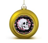 White Skull & Pink Cherry Blossoms Christmas Ball Ornament - 2.4 Inch Shatterproof Plastic Xmas Tree Decorations, Golden Christmas Tree Decor Hanging Ball for Holiday Wedding Party Decor