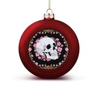 White Skull & Pink Cherry Blossoms Christmas Ball Ornament - 2.4 Inch Shatterproof Plastic Xmas Tree Decorations, Red Christmas Tree Decor Hanging Ball for Holiday Wedding Party Decor