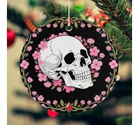 White Skull & Pink Cherry Blossoms Christmas Ceramic Ornaments with Gold String - 2.8 Inch Round Double-Sided Porcelain Xmas Tree Decor for Fireplace Mantel, Farmhouse Winter Holiday Hanging Ornaments