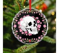 White Skull & Pink Cherry Blossoms Christmas Ornaments - Round Xmas Hanging Ornaments for Christmas Tree Decorations, Farmhouse Rustic Holiday Home Decor and Gift Party Tags (3.1 Inch)