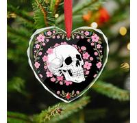 White Skull & Pink Cherry Blossoms Christmas Ornaments - Xmas Heart Hanging Ornaments for Christmas Tree Decorations, Farmhouse Rustic Holiday Home Decor and Gift Party Tags (3.5 Inch)