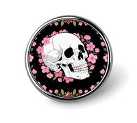 White Skull Pink Cherry Blossoms Lapel Pin Metal Brooch Badge Round Button Enamel Style Pinback for Hats Bags Clothing Gift