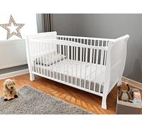 White Sleigh Style Baby Cot Bed & Foam Mattress Converts into a Junior Bed Full Size 140x70cm Cotbed