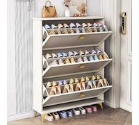 White Slim Shoe Rack with Flip Doors, Hallway Storage Cabinet for Entryway, Space Saving Shoe Organizer with Top Shelf for Keys and Wallets