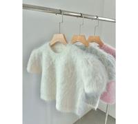 (white, Small) "Zhao Lusi Style Pink Alpaca Short Sleeve Sweater - Korean Autumn/Winter 2024"