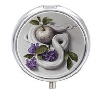 White Snake and Flower Pill Box 3 Compartment Travel Pill Organizer 3 Times A Day Cute Mini Pill Case for Purse & Pocket Portable Metal Medicine Box with Mirror Round Daily Medicine Vitamin Container