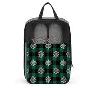 White Snowflakes on Green Plaid Pattern Shoe Bag for Travel Daily Use Anti-dust Storage Carrier Golf Shoe Pouch
