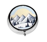 White Snowy Mountains A Round Mini Pillbox with Three Compartments for Storing Vitamins, Fish Oil, and Nutritional Supplements.