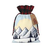 White Snowy Mountains Holiday Printed Drawstring Pouch M, Polyester Holiday Storage Pouch With Tag