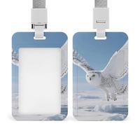White Snowy Owl ID Badge Holder with Lanyard Vertical Badge Reel Clip Durable Clear Window Name Tag ABS Plastic Push-Pull Design ID Card Holder for Office, Nurses, Employees