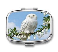 White Snowy Owl pilldispenser with Mirror 2 Compartments Waterproof PillCase for Purse Pocket Non-Slip Grip Travel Medicine Organizer Container Box for Vitamin Fish Oil Supplement