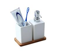 White Soap Dispenser Ceramic 3-in-1 Bathroom Set with Bamboo Tray | Toothbrush Holder & Organiser | Elegant Reusable Bottle for Shampoo & Body Wash
