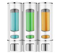 White Soap Dispenser Wall-Mounted, No-Drill Installation for Shower Gel, Shampoo, Conditioner & Dish Detergent, 3-Chamber 400ml Large Capacity for Home Bathroom, Hotel, Office