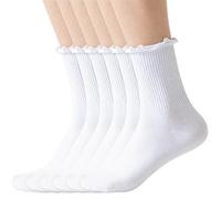 White Socks Women, 6 Pairs, UK 4-7, White Frilly Socks with Playful Ruffles, Mid-Calf Length, Soft Breathable Cotton, Cute White Crew & Slouch Socks for Office, Casual, Parties & Versatile Daily Wear