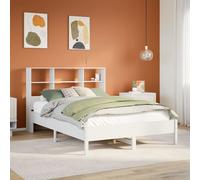 White Solid Pinewood Bookcase Bed Frame 160x200cm with Slats & Storage Headboard