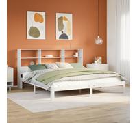White Solid Pinewood Bookcase Bed Frame 180x200cm Super King, No Mattress Shelf