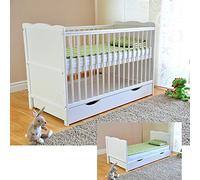 White Solid Wood Baby Cot Bed & Deluxe Foam Mattress Converts into a Junior Bed ✔ 3 Position ✔ water repellent mattress liner