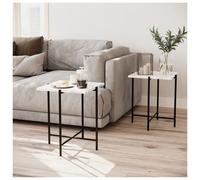 (White Square) 2 Pcs Square Round Marble Effect Tops Side End Coffee Table Metal Frame