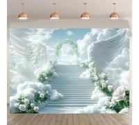 White Stairway to Heaven Backdrop Holy Light Clouds Blue Sky Floral Archway Doves Background Heaven Sent Theme Angel Wings Backdrops Christian Activity Decor Church Photo Booth Prop(White, 7x5 Feet)