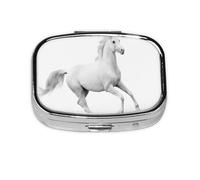 White Stallion Running Horse Gallop Motion Speed Equestrian,Meta Pill Box 2 Compartment Medicine Case,Portable Organizer,Rectangle Meta Portable Organizer Pill Box 2099 Compartment Medicine Case