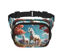 White stallion under the peach blossom tree Square double - layer fanny pack with adjustable shoulder strap - travelling fanny pack - perfect for outdoor sports, Black, One Size