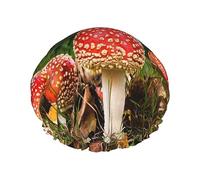White Stem Red Umbrella Red Mushroom Shower Cap,Nightcap Double Layer Waterproof Elastic Bath Cap Reusable Bathing Hair Cap