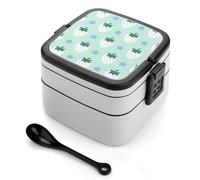White Strawberry on Green Background Bento Box 1000ml Leak Proof Lunch Container with Removable Dividers & Spoon - BPA-Free PP Stackable Lunch Box for Work, Office, Picnic, Travel, Dining Out