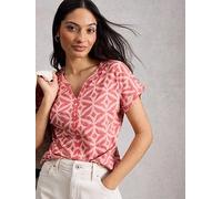 White Stuff T-Shirt Nelly Embroidered Notch Neck Pink Multi Cotton Womens Short