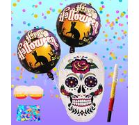 White Sugar Skull Pinatas, Perfect for Halloween Celebrations, Themed Parties, and Kids Birthday Games, Party Decorations including Busterstick, Blindfold, Confetti and 2 Happy Halloween Ballons
