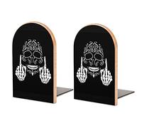 White Sugar Skull with Middle Finger Up Rock Roll on Black Book Shelf Holder, Bookends Book Stand for School Home Office Desks Library Books Movies DVDs Files Magazines S