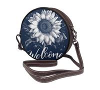 White Sunflower On A Navy Blue Women Round Crossbody Bags Leather Sling Bag Purse