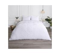 (White, Super King) OHS Quilted Seersucker Duvet Set Geo Filled Plush Plump Warm Soft Cosy Duvet Cover With Pillowcase Bedding Set Single Double King Super King