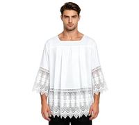 White Surplice Pastor Robe Catholic Pleated Lace Liturgical Short Sleeves Shirt Top, White, 3XL