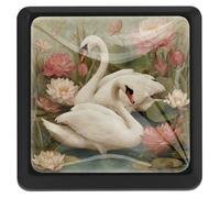 White Swan and Vintage Flowers Stepped Square Cabinet Knobs for Cupboard Kitchen Door, Black Bedroom Dresser Drawer Knobs, Pull Handle Hardware Kitchen Door Knobs for Cabinets