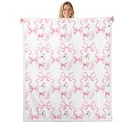 White Swan Bed Blanket,Princess Crown Pink Bowknot Dreamy Flannel Blanket for Room Decor,Watercolor Bow-tie Ribbon Stripes Pink White Fleece Blanket for Kids Sofa Dorm Decor,Throw 50"x60"
