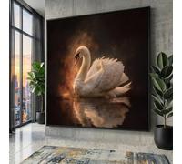 White Swan Canvas Wall Art,Reflective Water Scene, Feathered Bird Artwork, Nature Wildlife Decor, Ready to Hang Painting(45x45cm/Frameless)
