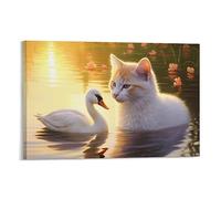 White Swan Cat Canvas Wall Decor Swim Animal Fantasy Cartoon Poster Wall Art for Living Room Bedroom Artwork