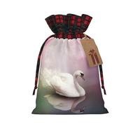 White Swan Christmas Drawstring Linen Gift Bag Paired With Scottish Plaid Fabric, With A Delicate And Simple Texture