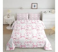 White Swan Comforter Set Double Size,Princess Crown Pink Bowknot Dreamy Bedding Set 3 Pcs for Teens Young,Watercolor Bow-tie Ribbon Stripes Down Comforter,Pink White,2 Pillowcases