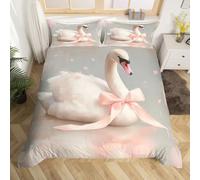 White Swan Duvet Cover Classical Swan Single Bedding Sets, Watercolor Oil Painting Bed Cover Swan Pink Bow Butterfly Knot Comforter Cover For Kids Girls Vintage Art Bed Set Single 2Pcs