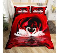 White Swan Duvet Cover Set Double Size, Red Rose Flower Bedding Set 3pcs for Girl Lovers and Couples Bedroom Decor, Valentine's Day Comforter Cover Soft Polyester Quilt Cover with 2 Pillowcases