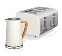 (White) Swan Nordic Cotton White Kitchen Set with 1.7L 3Kw Kettle & 4 Slice Toaster, Wood Effect and Soft Touch Matte Finish, S/Steel, STP2091WHTN
