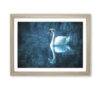 White Swan On A Blue Lake Painting Modern Art Framed Print | A2 Oak Framed Wall Art | Ready to Hang | Modern Animal Picture | Living Room Bedroom Lounge Office