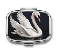 White Swan Pill Box 2 Compartment Portable Travel Pill Case with Mirror Square Metal Medicines Storage Container Pocket Medicine Box to Hold Vitamins Fish Oil